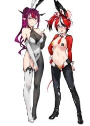 2d 2d_(artwork) 2girls alternate_hairstyle animal_ears animal_tail asymmetrical_legwear belly belly_button big_breasts black_hair blue_eyes blush bodysuit boots bunny_ears bunnysuit cleavage duo elf_ears female female_focus female_only fingernails fit_female garter_straps gloves hakos_baelz heel_boots heterochromia hololive hololive_english hololive_english_-council- hololive_english_-promise- irys irys_(hololive) key light-skinned_female light_skin long_boots long_gloves long_hair long_sleeves looking_at_viewer medium_breasts midriff nail_polish pasties pointy_ears ponytail purple_eyes purple_hair rat_ears red_hair reverse_bunnysuit ring short_hair simple_background stockings tail tie toned_female virtual_youtuber white_background white_hair x_pasties zen_(artist)