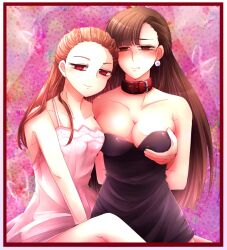 2girls ace_attorney bangs bare_shoulders black_dress blush bondage bound_wrists breast_grab breasts brown_hair chocolate_hair clavicle cleavage collar dahlia_hawthorne dress earrings embarrassed female female_only grabbing groping gyakuten_saiban jewelry kazusa919329 large_breasts long_hair medium_breasts mia_fey multiple_girls orange_hair red_eyes restrained sitting slave smile very_long_hair yuri