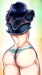 artist_signature ass ass_cleavage black_hair butt_crack canonical_scene kill_la_kill matoi_ryuuko meme redraw rockie_art ryukoredraw shimapan striped_panties undressing