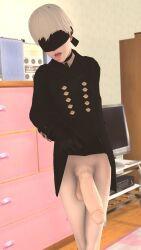 1boy 3d balls big_balls big_penis blindfold bottomless clothing erect_penis erection femboy huge_cock hung_trap light-skinned_male light_skin male male_focus male_only nier nier:_automata penis solo solo_male standing testicles theboobedone trap white_hair yorha_9s