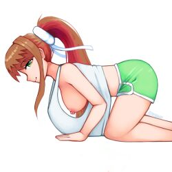 1girls 2d areolae ass big_breasts breasts brown_hair doki_doki_literature_club female female_focus female_only female_solo green_eyes looking_at_viewer monika_(doki_doki_literature_club) nipples ponytail shorts solo solo_female tagme thighs triplestabber viewed_from_side