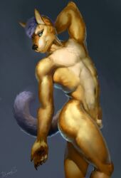 2022 anthro ass athletic athletic_anthro balls canid canine digital_media_(artwork) dimonis fur genitals green_eyes hair hi_res male mammal muscular nude purple_body purple_fur purple_hair purple_tail signature simple_background smile solo watermark yellow_body yellow_fur