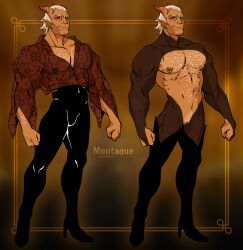 1cuntboy bara concept_art cuntboy daddy demon fashion grey_hair hairy hairy_chest heels horns intersex latex leather mature_male muscle_worship muscular older_male pecs reference_sheet solo stockings thighhighs tiefling