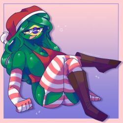 1girls brazil_(countryhumans) christmas clothing countryhumans countryhumans_girl green_body green_skin long_hair markai_cat safe skimpy skimpy_dress thighs