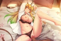 1boy arm_up bangs barefoot black_bra black_panties blonde_hair bra bra_pull breasts censored clothes_pull clothing_aside collared_shirt dress_shirt eyebrows_visible_through_hair female game_cg gradient_hair green_eyes green_hair groin hair_between_eyes indoors large_breasts long_hair looking_at_viewer lying mosaic_censoring multicolored_hair navel nipples on_back open_clothes open_shirt panties panties_aside parted_lips penis plus_links pov pussy sex shiny shiny_skin shirt straight underwear vaginal_penetration very_long_hair white_shirt wing_collar