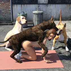 1girls 3animals 3d alley ambiguous_penetration brown_hair canine doggy_style domestic_dog female looking_at_viewer nude outdoors scanero sex shoes socks yoga_mat zoophilia