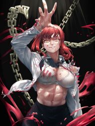 702 abs action_pose art black_legwear black_pants blood blood_stain bra brassiere brazier business_attire business_casual chains chainsaw_man crazy_eyes demon_girl dramatic_pose female fit_female handprint makima_(chainsaw_man) open_eyes open_shirt red_eyes ripped_clothing sole_female solo solo_female suit suit_pants tie toned_female unusual_pupils wallpaper wide_eyed wide_hips