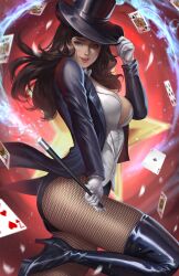 1girls 3d_(artwork) breasts cleavage dc female fishnet_pantyhose fishnet_stockings fishnets legs nopeys pinup solo solo_female superheroine thighs zatanna zatanna_zatara