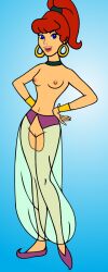 1girls bare_pussy belly belly_button big_lips blue_eyes djinn earrings edit female female_focus female_only genie genie_girl ginger_hair hairband hands_on_hips hanna-barbera hoop_earrings jeannie_(hanna-barbera) jeannie_(tv_series) mouth_open nipples no_underwear ponytail red_hair simple_background skimpy_clothes small_breasts smile teeth teeth_showing topless