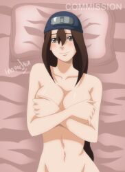 1girls alternate_version_available artist_name bandana bed bed_sheet big_breasts blush brown_eyes brown_hair covering covering_breasts crossed_arms female female_focus female_only forehead_protector from_above hair_between_eyes hi_res inuyachan long_hair looking_at_viewer lying naruto naruto_(series) naruto_shippuden sari_(naruto) signature smile solo solo_female solo_focus upper_body viewed_from_above watermark