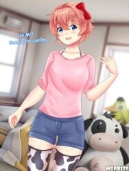 blush bow dialogue doki_doki_literature_club female female_only just_sayori morbite mr._cow_(doki_doki_literature_club) not_porn open_mouth petite safe safe_for_work sayori_(doki_doki_literature_club) sfw short_hair shy small_breasts text