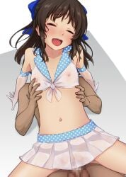 1boy 4690_(tkpbsk) arm_support bangs black_hair blue_ribbon blush closed_eyes collarbone covered_nipples elbow_gloves eyebrows_visible_through_hair female flat_chest gloves hair_ornament idolmaster idolmaster_cinderella_girls long_hair navel open_mouth penis pleated_skirt polka_dot reverse_cowgirl_position ribbon see-through sex sidelocks skirt solo_focus straddling tachibana_arisu testicles