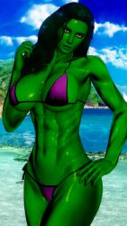 1girls 3d 3d_(artwork) abs beach big_breasts bikini doom4rus female female_only fit_female green-skinned_female green_hair green_skin hulk_(series) marvel marvel_comics micro_bikini muscular muscular_female she-hulk solo solo_female swimsuit swimwear