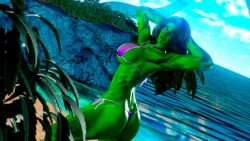 1girls 3d 3d_(artwork) abs armpits ass beach big_breasts bikini doom4rus female female_only fit_female green-skinned_female green_hair green_skin hulk_(series) marvel marvel_comics micro_bikini muscular muscular_female sexy_armpits she-hulk solo solo_female swimsuit swimwear toned toned_female