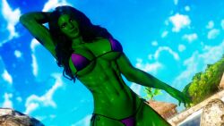 1girls 3d 3d_(artwork) abs beach big_breasts bikini doom4rus female female_only fit_female green-skinned_female green_hair green_skin hulk_(series) marvel marvel_comics micro_bikini muscular muscular_female she-hulk solo solo_female swimsuit swimwear