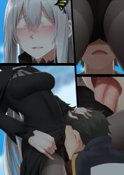 1boy 1girls adult adult_and_teenager age_difference black_hair black_panties blush breasts cunnilingus cunnilingus_through_clothes echidna_(re:zero) facesitting femdom ginhaha hair_ornament hairclip hi_res human large_breasts lifted_by_self lifting natsuki_subaru older_female older_woman_and_teenage_boy panties pleasure_face pussy re:zero_kara_hajimeru_isekai_seikatsu skin_tight smelling_panties smelling_pussy sniffing_panties sniffing_pussy stockings teenage_boy teenager track_jacket track_suit white_hair witch younger_male