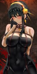 1girls 2022 assassin black_clothing black_hair blush breasts cleavage clothed clothed_female female female_only hair_ornament hand_to_face hips large_breasts long_hair red_eyes slim_waist smile spy_x_family thorn_princess tight_clothing uenoryoma wide_hips yor_briar