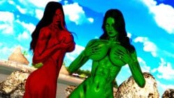 2girls 3d 3d_(artwork) abs areolae ass big_breasts black_hair breasts covering_breasts doom4rus female female_only grabbing_own_breasts green-skinned_female green_hair green_skin hair_over_one_eye hands_on_own_breasts huge_breasts hulk_(series) large_breasts marvel marvel_comics multiple_girls muscular muscular_female nipples nude nude_female red-skinned_female red_she-hulk red_skin she-hulk two_tone_hair