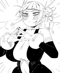 big_breasts black_and_white breasts coffing_(artist) embarrassed himiko_toga huge_breasts midriff my_hero_academia ochako_uraraka ochako_uraraka_(cosplay) ochako_uraraka_(hero_outfit) tight_clothing toga_himiko uraraka_ochako uraraka_ochako_(cosplay) uraraka_ochako_(hero_outfit)