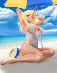 1girls 2021 armpits arms_behind_head arms_up artoria_pendragon artoria_pendragon_(swimsuit_ruler) artoria_pendragon_(swimsuit_ruler)_(second_ascension) artoria_pendragon_(swimsuit_ruler)_(second_ascension)_(fate) ball bangs bare_shoulders beach beach_umbrella beachball blonde_hair blue_sky breasts cleavage cleavage_cutout clothing_cutout day fate/grand_order fate_(series) female female_focus female_only green_eyes hair_between_eyes highleg highleg_swimsuit highres large_breasts long_hair ocean one-piece_swimsuit parted_lips shore sideboob sidelocks sky smile solo solo_female swimsuit umbrella wet white_swimsuit yamaneko_(tkdrumsco)