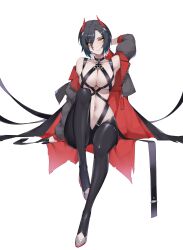 1girls absurdres arm_behind_head azur_lane black_choker black_coat black_gloves black_hair black_legwear breast_strap breasts choker coat cross crotchless crotchless_pantyhose eyes_visible_through_hair female female_only full_body gloves grey_footwear half_gloves highres horns iron_cross large_breasts looking_at_viewer mechanical_horns multicolored_hair open_clothes open_coat pantyhose red_horns short_hair simple_background solo two-tone_hair ulrich_von_hutten_(azur_lane) white_background white_hair wsfw yellow_eyes zipper