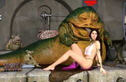 1girls 2boys 3d alien alien_boy barefoot betrayed_to_jabba breast_curtain brown_hair cathryne_(dazinbane) dazinbane feet female femsub human human_on_alien humansub hutt interspecies jabba_the_hutt licking light-skinned_female light_skin long_hair male monster salacious_crumb slave slave_collar slave_outfit slavegirl star_wars straight submissive_female