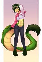 anthro blue_eyes female furred_snake furry green_hair highres jeans lockworkorange midriff scales scalie sfw snake solo stomach