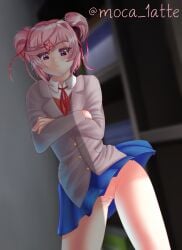 1girls accessory arms_crossed artist_name blue_skirt blurry blurry_background blush clothed clothes clothing cowboy_shot crossed_arms depth_of_field doki_doki_literature_club eyebrows_visible_through_hair female female_only hair_accessory hair_bow hairclip hairless_pussy light-skinned light-skinned_female light_skin matching_hair/eyes moca_1atte natsuki_(doki_doki_literature_club) no_panties no_underwear nopan paipan pink_eyes pink_hair pleated_skirt portrait pussy red_hair_ornament school_uniform short_hair skirt skirt_up solo solo_female standing swept_bangs thighs three-quarter_portrait tied_hair tired twintails uncensored uniform upskirt vagina