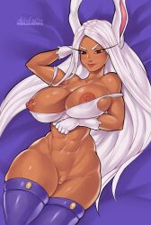 1girls abs ange1witch areolae breasts bunny_ears dark-skinned_female dark_skin eye_contact female female_only large_breasts long_hair looking_at_viewer miruko muscles muscular muscular_female my_hero_academia nipples pussy rabbit_humanoid red_eyes rumi_usagiyama solo thick_thighs thighhighs thong white_hair wide_hips