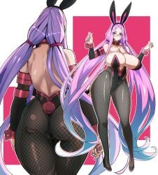 absurdres animal_ears ass black_leotard breasts bursting_breasts collar curvy detached_sleeves elbow_gloves fake_animal_ears fake_tail fate/grand_order fate/hollow_ataraxia fate/stay_night fate_(series) fishnet_legwear fishnets glasses high_heels highres huge_breasts leotard long_hair medusa_(fate) medusa_(rider)_(fate) multiple_views pantyhose playboy_bunny plump purple_collar purple_eyes purple_hair rabbit_ears rabbit_tail strapless strapless_leotard tail thick_thighs uc very_long_hair wrist_cuffs