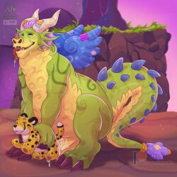 activision anthro balls bodily_fluids cheetah claws cum dragon felid feline genital_fluids genitals green_body hair hi_res horn male male_only mammal mudada_(spyro) outside penis plushie plushophilia purple_hair rescued_dragons_(spyro) scalie shadowpelt slightly_chubby solo spyro_reignited_trilogy spyro_the_dragon tongue tongue_out video_games wings