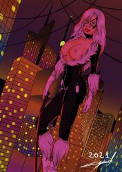 1girls big_breasts black_cat_(marvel) breasts cyrilguiraud exposed_breasts felicia_hardy female female_only looking_at_viewer marvel marvel_comics spider-man_(series) white_hair