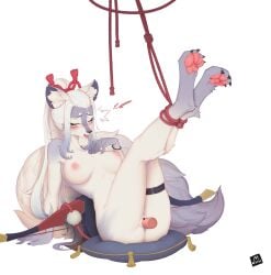 absurdres animal_ears areolae ass bai_lang blush bondage bound bound_ankles breasts claws closed_eyes collarbone erection feet_together female fluffy fox_ears fox_girl fox_tail fur furry furry_female grey_hair hakuro_(onmyoji) highres large_breasts leaning leaning_back lin_mzhh long_hair looking_at_viewer multicolored_hair nipples nude onmyoji open_mouth penis pillow pussy rope sex sitting straight_hair tail tongue tongue_out white_background white_hair