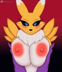 anthro bandai_namco big_breasts breast_squish breasts chest_tuft clothing digimon digimon_(species) embarrassed euphorica female fur hi_res looking_at_viewer presenting presenting_breasts renamon solo squish tuft yellow_body yellow_fur