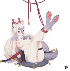 1girls absurd_res animal_ears anthro anthro_only areolae ass bai_lang blush bondage bound bound_ankles breasts claws collarbone cum cum_on_ass cum_on_body cum_on_pussy feet_together female female_only fluffy fox_ears fox_girl fox_tail fur furry furry_female grey_hair hakuro_(onmyoji) highres large_breasts leaning leaning_back lin_mzhh long_hair looking_at_viewer multicolored_hair nipples no_humans nude onmyoji pillow pussy red_eyes rope sitting solo straight_hair tail white_background white_hair