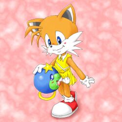 anthro blue_eyes blush crossdressing crossover fox furry gloves huepow interspecies klonoa_(series) mosaic_censoring oral ryuconboy shoes smile sonic_(series) tails vulpine white_gloves