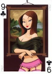 54_international_cuties bill_presing brown_hair cleavage_cutout fine_art_parody frame half_naked italy lingerie mole_on_neck mona_lisa one_shoulder_exposed painting panties pinup playing_card public_domain smug_smile stockings