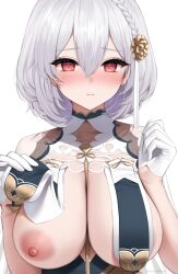 1girls areola_slip areolae artist_name azur_lane bangs between_breasts blush braid breast_curtains breasts cleavage closed_mouth clothes_lift eyebrows_visible_through_hair female flower gloves hair_flower hair_ornament kohanayuki large_breasts lifted_by_self light-skinned_female light_skin looking_at_viewer nipple_slip nipples nose_blush official_alternate_costume red_eyes royal_navy_(azur_lane) short_hair silver_hair simple_background sirius_(azur_lane) sirius_(azure_horizons)_(azur_lane) sleeveless solo twitter_username upper_body white_background white_gloves