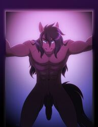 2022 anthro athletic athletic_male balls bedroom_eyes big_penis black_hair blue_eyes brown_body brown_fur conditional_dnp equid equine flaccid fur genitals hair hi_res horse kadath kadath_universe looking_at_viewer male male_only mammal markus_(kadath) muscular muscular_anthro muscular_male narrowed_eyes nude penis seductive smile solo