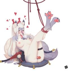 absurdres ahe_gao animal_ears areolae ass bai_lang blush bondage bound bound_ankles breasts claws collarbone erection feet_together female fluffy fox_ears fox_girl fox_tail fur furry furry_female grey_hair hakuro_(onmyoji) highres large_breasts leaning leaning_back lin_mzhh long_hair looking_at_viewer looking_up multicolored_hair nipples nude onmyoji penis pillow pussy pussy_juice red_eyes rope sex sitting straight_hair tail tongue tongue_out white_background white_hair