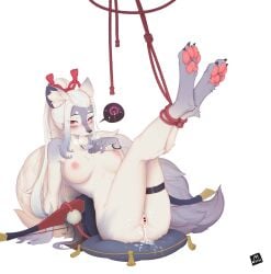 1girls absurd_res after_sex animal_ears anthro anthro_only areolae ass bai_lang blush bondage bound bound_ankles breasts claws collarbone cum cum_in_pussy cum_inside cum_on_ass cum_on_body cum_on_pussy feet_together female female_only fluffy fox_ears fox_girl fox_tail fur furry furry_female grey_hair hakuro_(onmyoji) highres impregnation large_breasts leaning leaning_back lin_mzhh long_hair looking_at_viewer multicolored_hair nipples no_humans nude onmyoji ovum pillow pussy red_eyes rope sitting solo straight_hair tail white_background white_hair