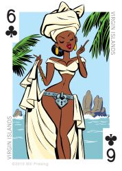 1girls 54_international_cuties arm_rings bill_presing black_hair caribbean chastity chastity_belt chastity_device closed_eyes dark-skinned_female dark_skin earrings female_chastity heart-shaped_lock hourglass_figure keyhole locket national_personification pinup playing_card sassy turban virgin_island_(location) virgin_islands white_robe