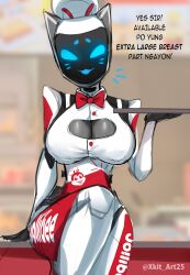 1girls 2d background big_breasts boob_window cat_ears clothed clothing english_text fast_food female female_only filipino_text gray_body hat humanoid joints jollibee jollibot kerfuś logo metal public restaurant robot robot_girl robot_humanoid screen_face smile solo tagalong talking text tray white_clothing xkit69