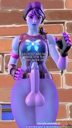 artist_request balls big_balls big_penis bottomless bottomless_futanari dream_(fortnite) erect_penis fortnite futanari looking_at_viewer penis purple_skin shirt