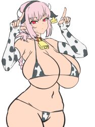 bikini braid braided_ponytail breasts collar cow_ears cow_print cow_print_bikini cow_print_gloves cow_print_thighhighs cowbell dd_(artist) emotionless fake_animal_ears fake_horns fate/grand_order fate_(series) florence_nightingale_(fate) horns_gesture hucow huge_breasts long_hair looking_at_viewer micro_bikini pink_hair ponytail red_eyes sketch swimsuit thick_thighs thighs wide_hips