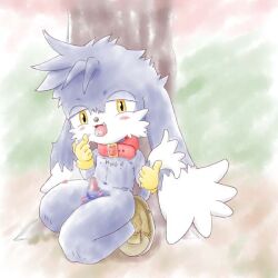 anthro black_fur boots collar furry klonoa klonoa_(series) kneeling long_ears male outside penis petals ryuconboy saliva thick_thighs tongue_out yellow_eyes