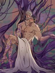 2boys abs beard black_hair blush brunet closed_eyes dilf grandfather_and_grandson gray_hair grey_hair hand_on_thigh hermit_purple holding_partner incest jijimago joestar_birthmark jojo's_bizarre_adventure joseph_joestar jotaro_kujo male_focus male_nipples male_only muscles muscular muscular_arms muscular_legs muscular_male naked naked_male nipples nude nude_male old_joseph older_male pecs pectorals princess_carry salt_and_pepper_hair sheets smile stardust_crusaders wrinkles yaoi younger_male