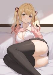 1girls bed bed_sheet blonde_hair bra eyebrows_visible_through_hair female female_only heterochromia hoshikawa_sara light-skinned_female light_skin new_sankin_nyu nijisanji on_bed pillow red_eye shirt_lift skirt_lift solo underwear virtual_youtuber white_bra yellow_eye