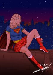 1girls blonde_hair blue_eyes cyrilguiraud dc dc_comics erect_nipples erect_nipples_under_clothes female female_only kara_danvers kara_zor-el kryptonian night night_sky no_panties pussy solo supergirl superman_(series) upskirt