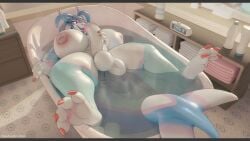 2022 anthro anus balls bathtub big_balls big_breasts big_penis breasts claws dragon dreamingnixy genitals herm hi_res horn huge_balls huge_breasts huge_cock huge_thighs humanoid_genitalia humanoid_penis hyper hyper_genitalia hyper_penis intersex masturbation multicolored_body nixy_(dreamingnixy) nude penis pussy scalie solo spreading thick_tail thick_thighs tongue tongue_out